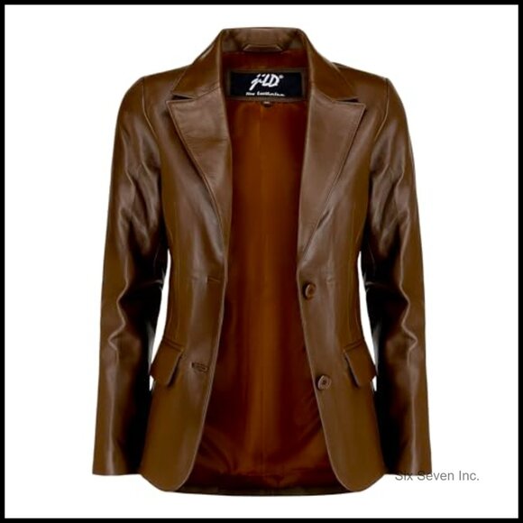 Lambskin Leather Blazer Jacket Women Long Sleeves Notched Lapel - Picture 2 of 7